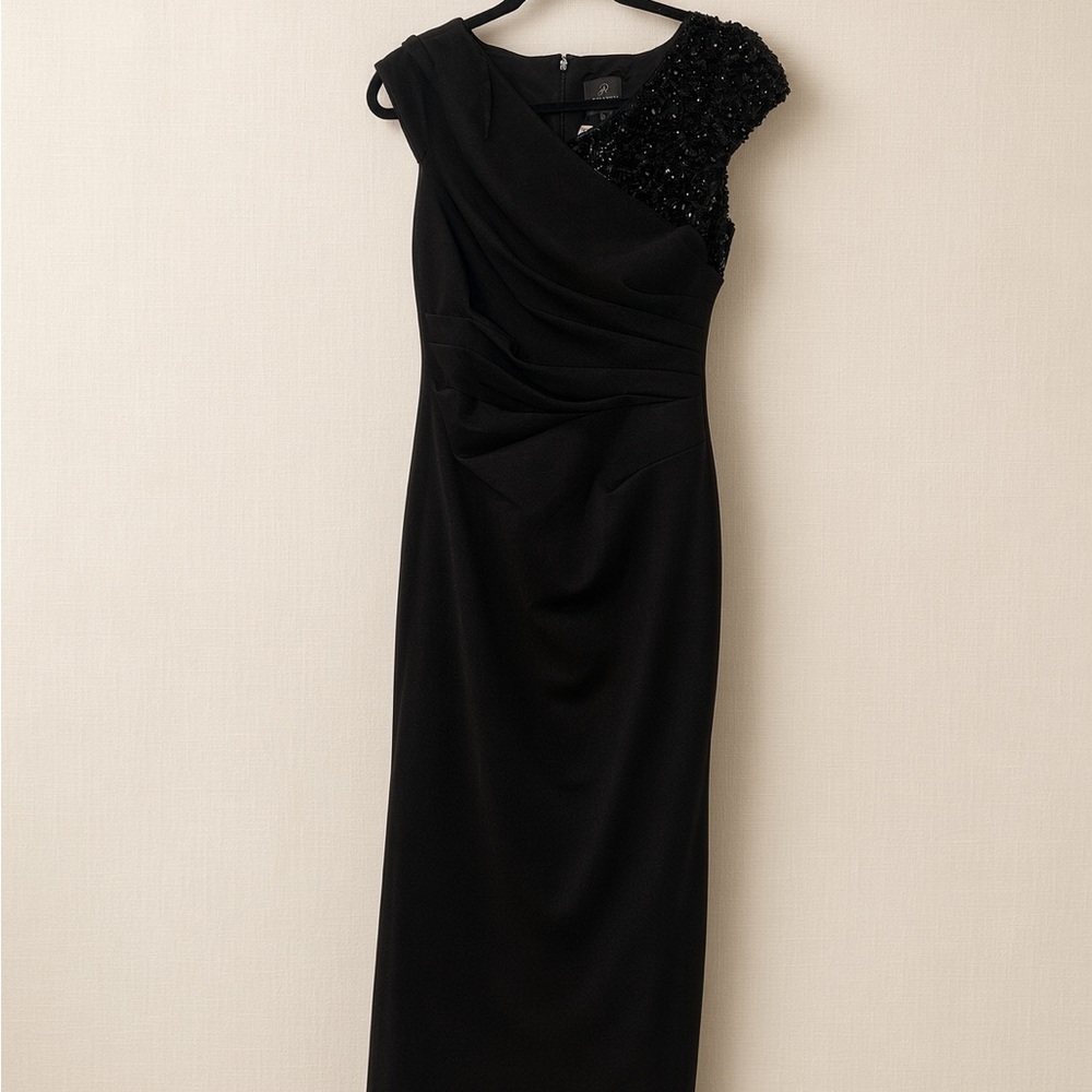 Adrianna Papell Black Beaded Cap-Sleeve Maxi Dress